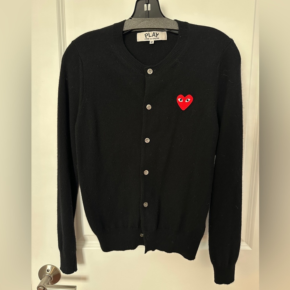 100% Authentic Comme des Garcons Black Wool Cardigan with Red Heart